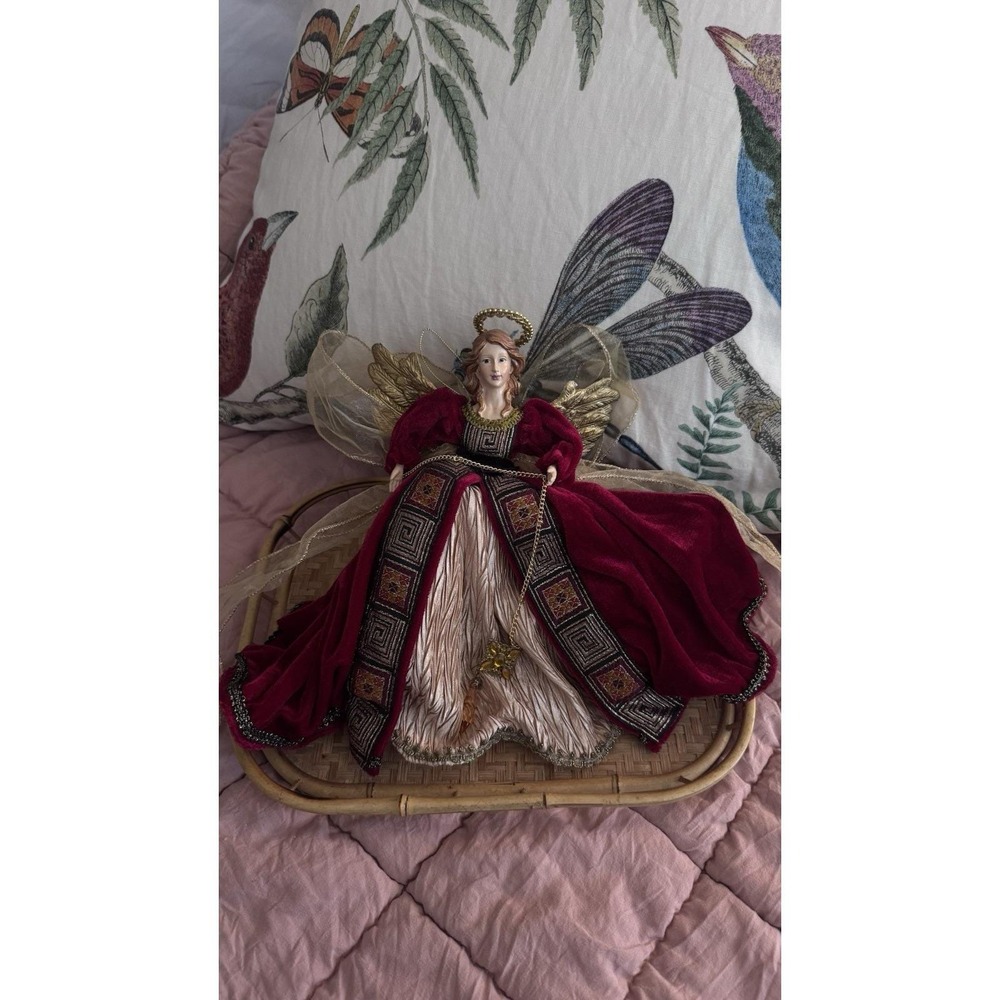 Vintage Porcelain Christmas Angel With Wings Tree Topper Ornament Red Gold